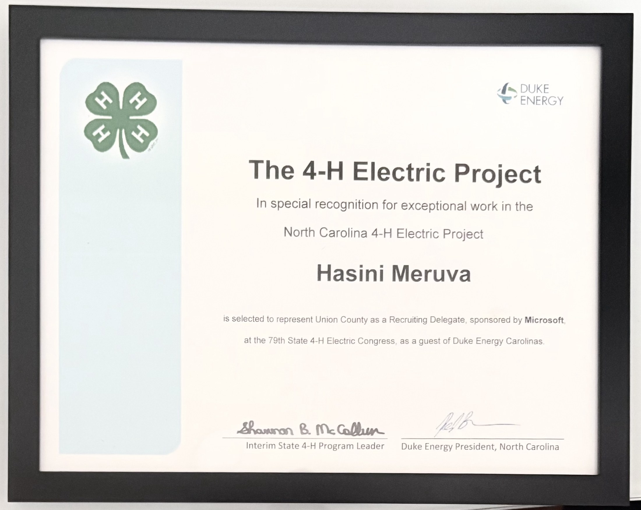 79th Electric Congress - 4-H Electric Project certificate.